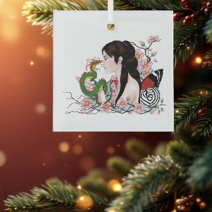 Cherry Blossoms Dragon Serenity Asian Fairy  Glass Tree Decoration