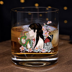 Cherry Blossoms Dragon Serenity Asian Fairy  Whiskey Glass