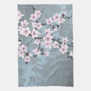 Cherry Blossoms Dusky Pink Blue Floral Tea Towel