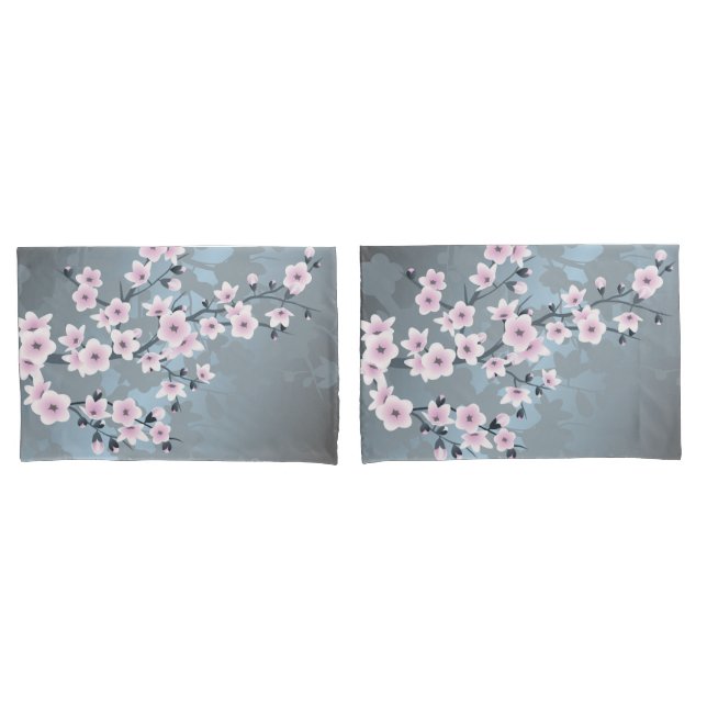 Cherry Blossoms Dusky Pink Grayish Blue Floral Pillowcase (Front-Set)