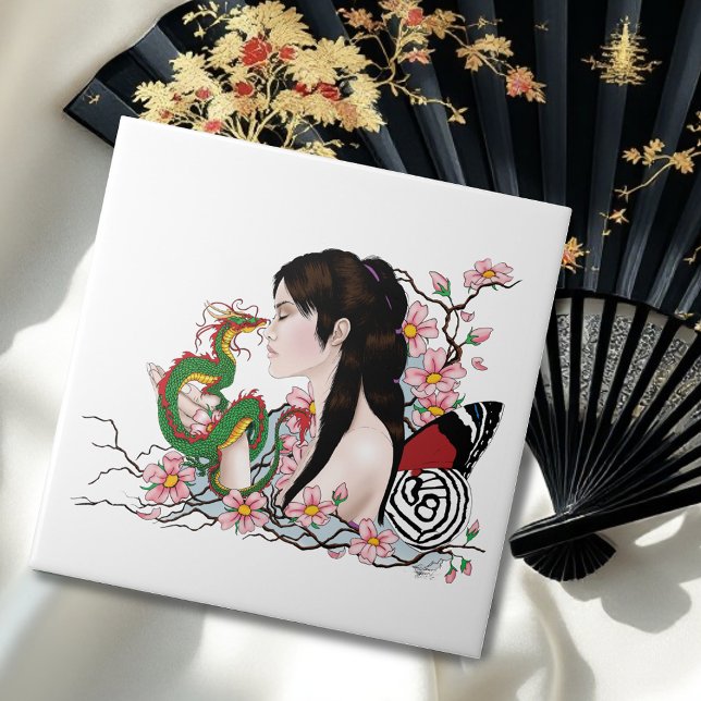Cherry Blossoms Fairy Dragon Friendship  Ceramic Tile (Creator Uploaded)
