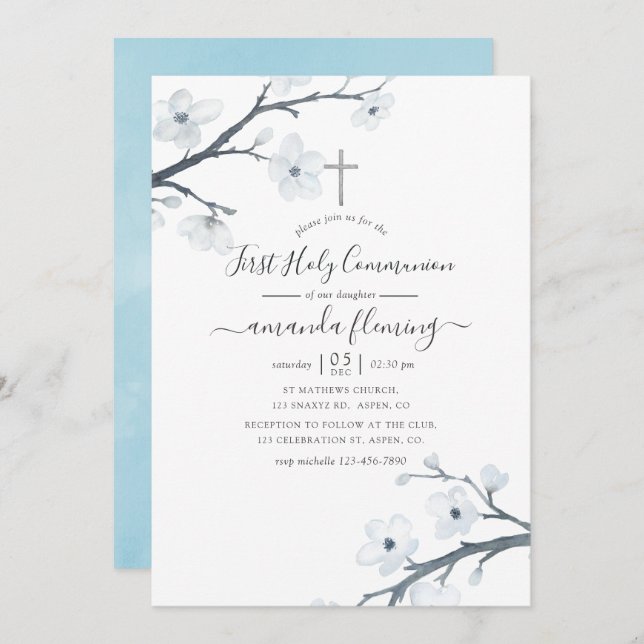 Cherry Blossoms First Holy Communion Invitation (Front/Back)