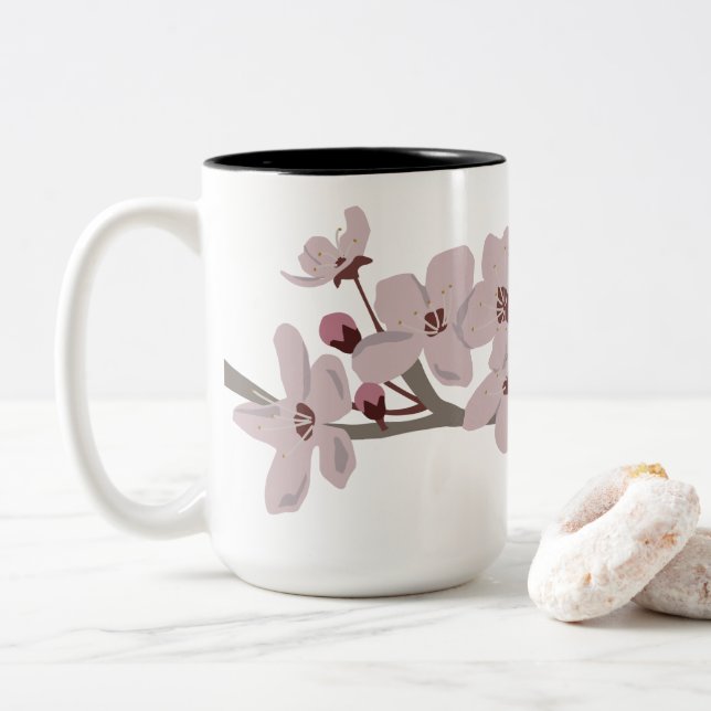 Cherry Blossoms Floating Flowers Two-Tone Coffee Mug (With Donut)