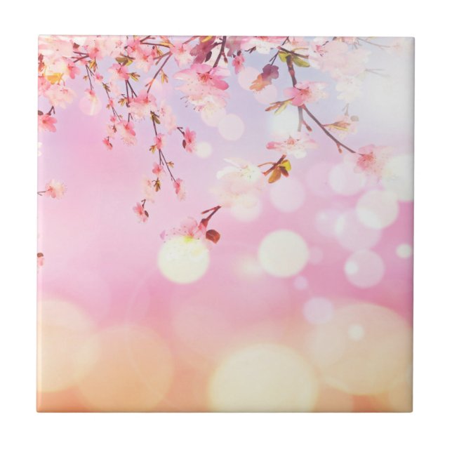 Cherry Blossoms Floral Background Flower Design Ceramic Tile (Front)