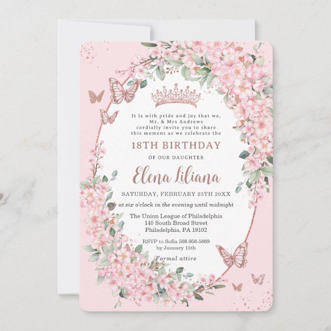 Cherry Blossoms Floral Butterflies 18th Birthday Invitation (Front)