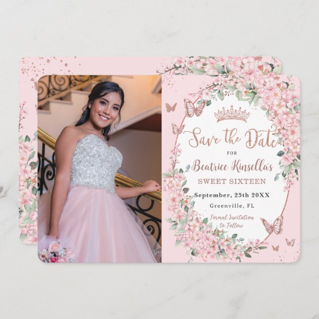 Cherry Blossoms Floral Butterflies Sweet 16 Photo Save The Date (Front/Back)