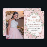 Cherry Blossoms Floral Butterflies Sweet 16 Photo Save The Date<br><div class="desc">Personalise this chic cherry blossoms floral Sweet 16 birthday photo / picture save the date easily and quickly. Simply click the customise it further button to edit the texts, change fonts and fonts colours. Featuring pretty cherry blossoms flowers and pink and rose gold butterflies. Matching items available in store. (c)...</div>