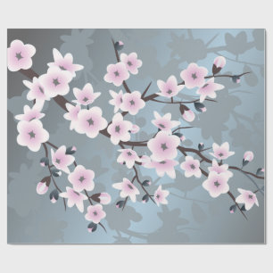 Cherry Blossoms Floral Dusky Pink Dusty Blue  Wrapping Paper