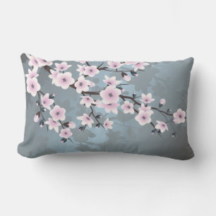 Cherry Blossoms Floral Dusty Pink Blue Lumbar Cushion