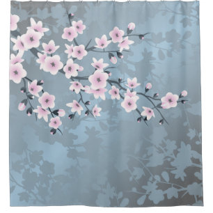Cherry Blossoms Floral Dusty Pink Blue Shower Curtain