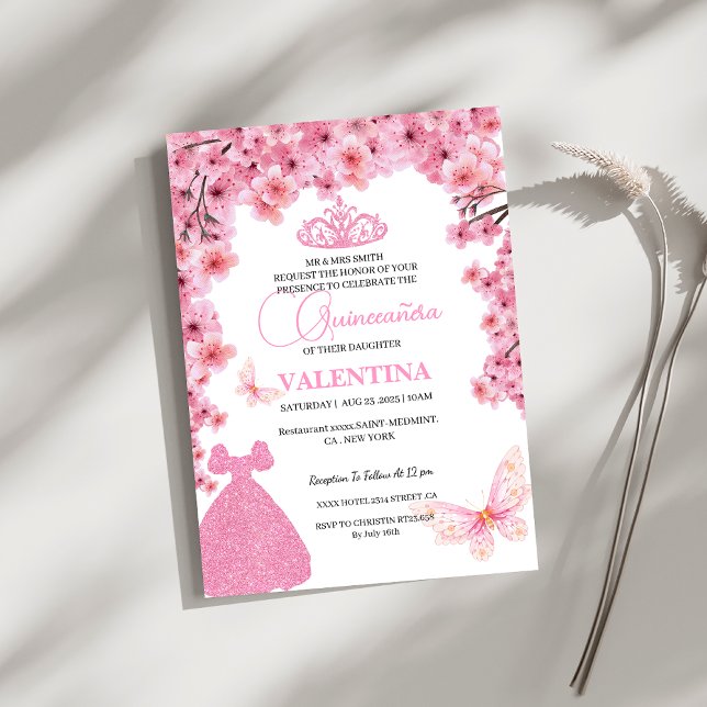 Cherry Blossoms floral pink Butterfly Quinceañera Invitation (Creator Uploaded)