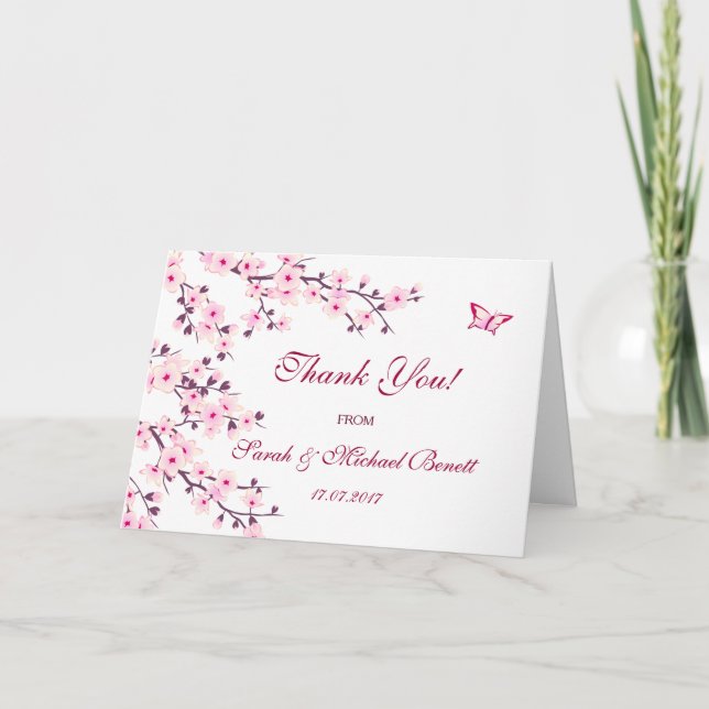 Cherry Blossoms Floral Pink Wedding Thank You Card (Front)