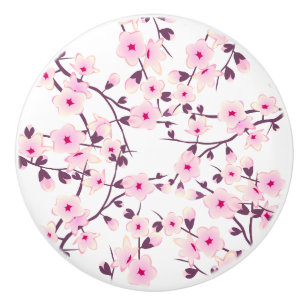 Cherry Blossoms Floral Pink White Ceramic Knob