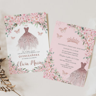 Cherry Blossoms Floral Rose Gold Dress Quinceañera Invitation