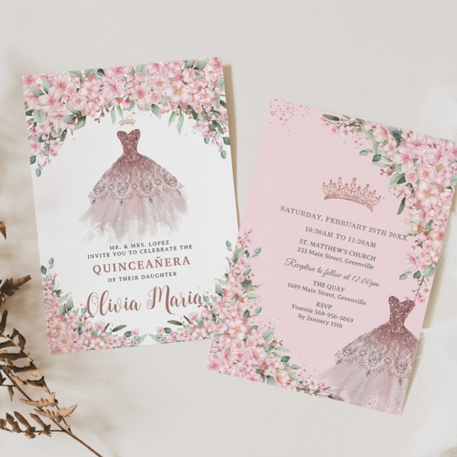 Cherry Blossoms Floral Rose Gold Dress Quinceañera Invitation (Creator Uploaded)