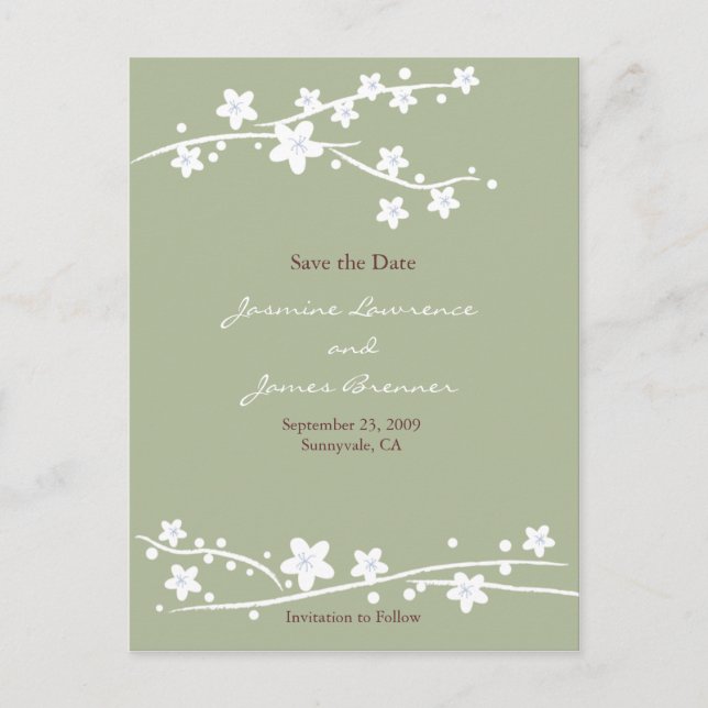 Cherry Blossoms Green Announcement Postcard (Front)