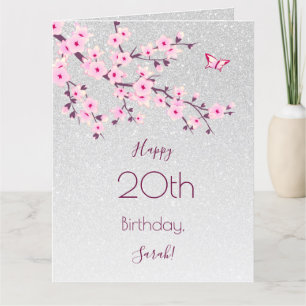 Cherry Blossoms Happy Birthday Silver Glitter Card
