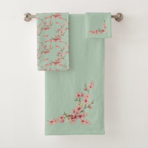 Cherry Blossoms in Pink and Teal Bath Towel Set