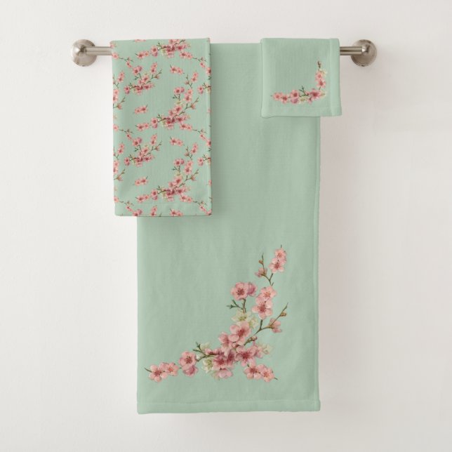Cherry Blossoms in Pink and Teal Bath Towel Set (Insitu)