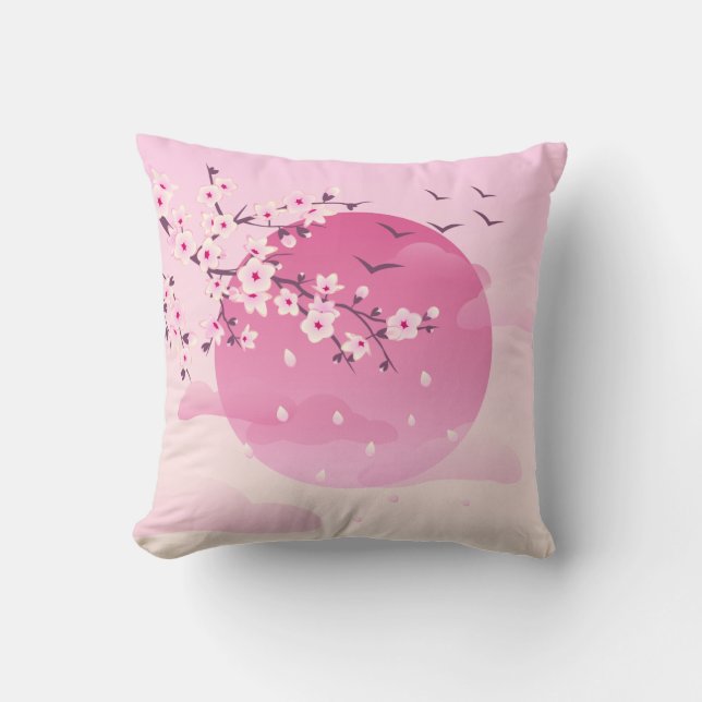 Cherry Blossoms Japanese Landscape Pink Cushion (Front)