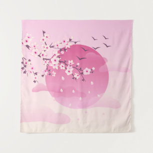 Cherry Blossoms Japanese Landscape Pink Tapestry