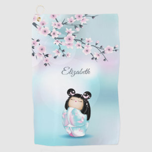 Cherry Blossoms Kokeshi Doll Add Name Golf Towel