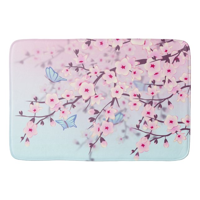 Cherry Blossoms Landscape Pink Sky Blue Bath Mat (Front)