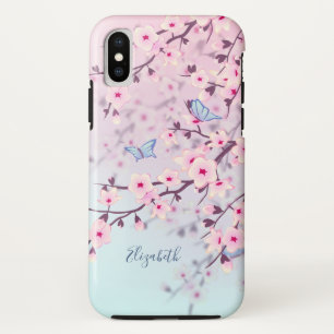 Cherry Blossoms Landscape Pink Turquoise Monogram iPhone X Case
