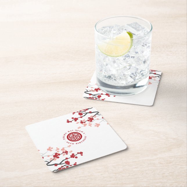 Cherry Blossoms Longevity Symbol Chinese Birthday Square Paper Coaster (Insitu)