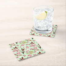 Cherry Blossoms Mint Background Paper Coasters