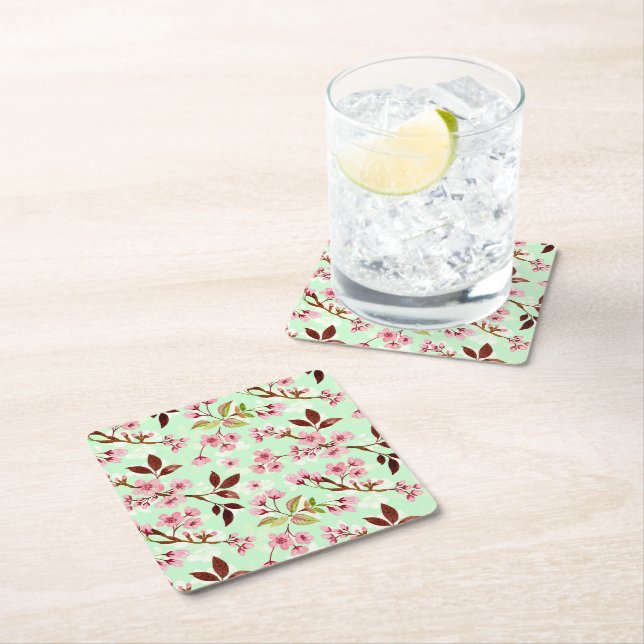 Cherry Blossoms Mint Background Paper Coasters (Insitu)