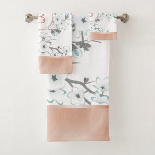 Cherry Blossoms Mint White Rose Gold Monogram Bath Towel Set