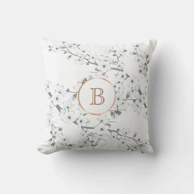 Cherry Blossoms Mint White Rose Gold Monogram Cushion (Front)