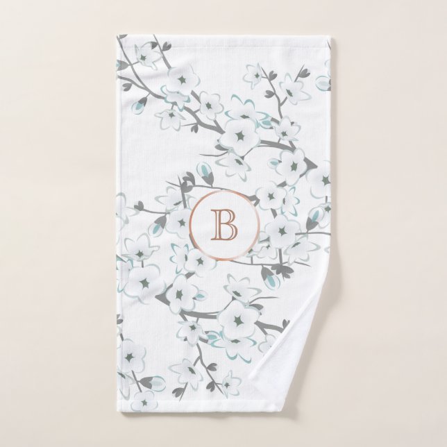 Cherry Blossoms Mint White Rose Gold Monogram Hand Towel (Hand Towel)