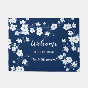 Cherry Blossoms Navy Blue White Custom Welcome Doormat
