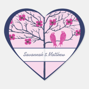 Cherry Blossoms Navy & Fuchsia Love Birds Heart Sticker