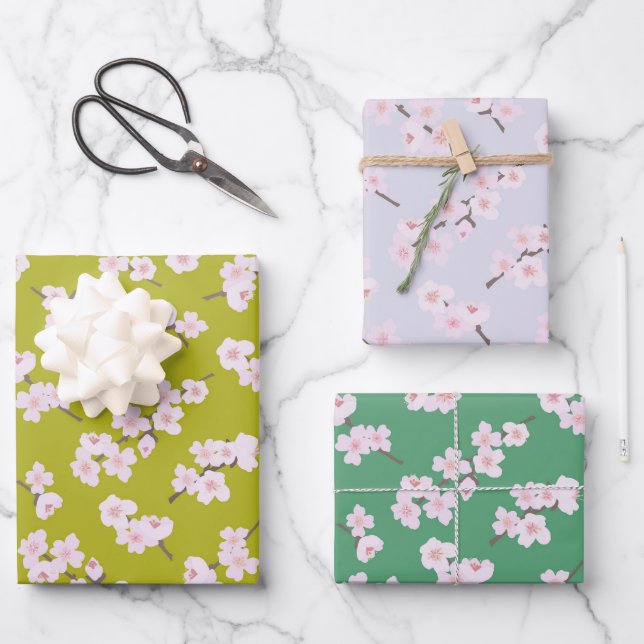 Cherry Blossoms On Chartreuse, Lavender, & Green Wrapping Paper Sheet (Front)