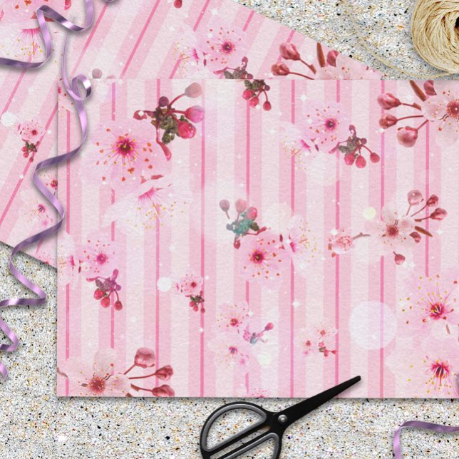 Cherry Blossoms On Pink Striped Pattern Tissue Paper (Creator Uploaded)