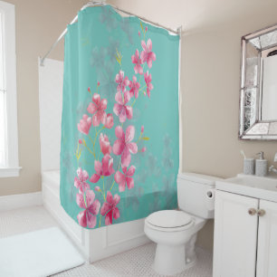 Cherry Blossoms on Teal Shower Curtain