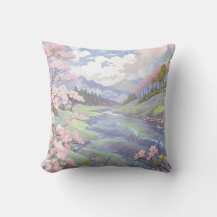 Cherry Blossoms Pastel Watercolor Landscape Cushion