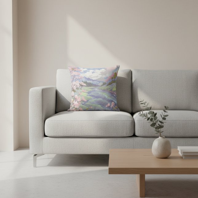 Cherry Blossoms Pastel Watercolor Landscape Cushion (Creator Uploaded)