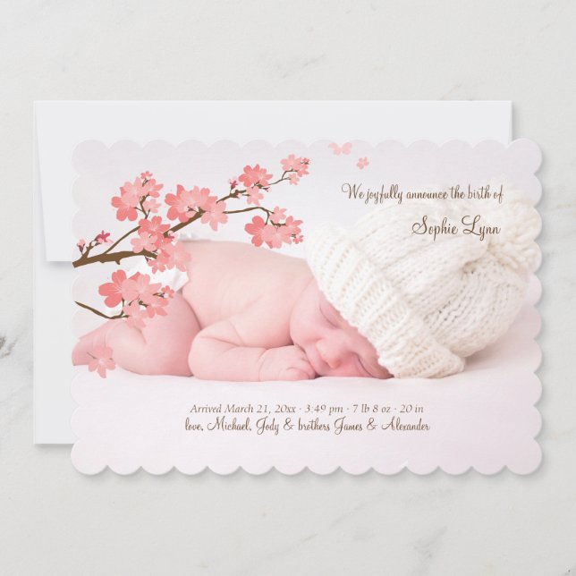 Cherry Blossoms Photo Birth Announcement (Front)