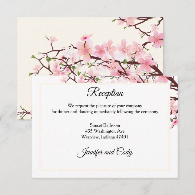 Cherry Blossoms Pink Beige Wedding Reception Enclosure Card (Front/Back)