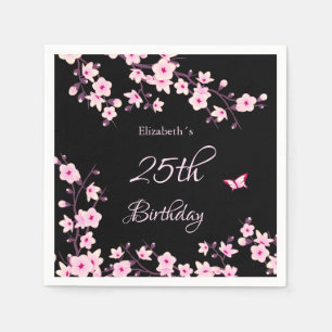 Cherry Blossoms Pink Black Custom Birthday  Napkin