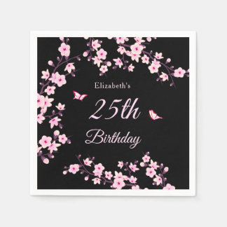Cherry Blossoms Pink Black Custom Napkin