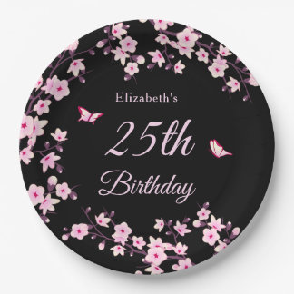 Cherry Blossoms Pink Black Custom Paper Plate