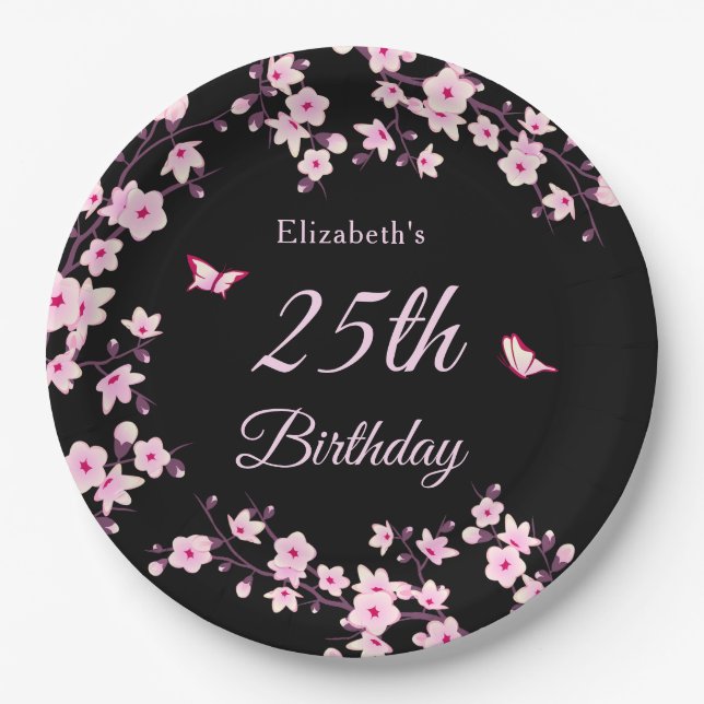 Cherry Blossoms Pink Black Custom Paper Plate (Front)