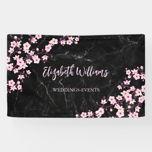 Cherry Blossoms Pink Black Marble Banner (Horizontal)