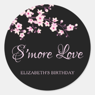 Cherry Blossoms Pink Black S'more Love Classic Round Sticker