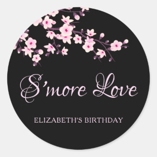 Cherry Blossoms Pink Black S'more Love Classic Round Sticker